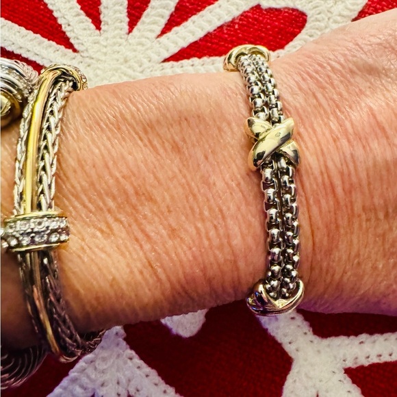 Two Tone 14K Gold Criss Cross Mesh Magnetic Closure Bracelet - Picture 3 of 5